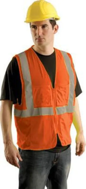 OccuNomix Large - X-Large Orange OccuLux Lightweight Mesh Class 2 Economy Surveyor's Vest With Zipper Front Closure, 2" Silver Reflective Tape Striping And 12 Pockets
